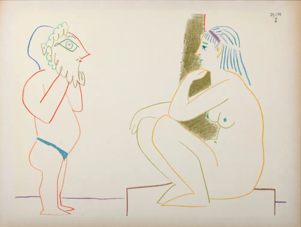 Lithograph Picasso - Masked & Model, 1954