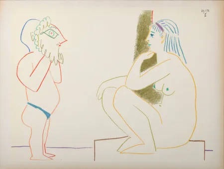 Lithograph Picasso - Masked & Model, 1954