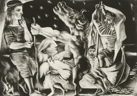 Mezzotint Picasso - Minotaure aveugle guidé par Marie-Thérèse au pigeon dans une nuit étoilée (Blind Minotaur Guided Through a Starry Night by Marie-Thérèse with a Pigeon)