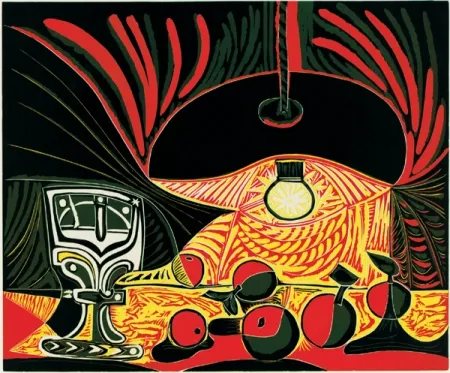 Linocut Picasso - Nature morte au verre sous la lampe