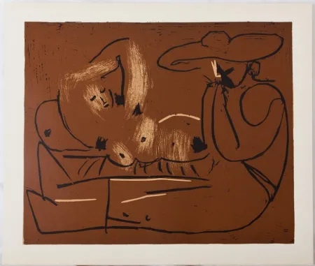 Linocut Picasso - Nu couché et guitariste au chapeau