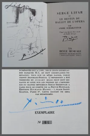 Illustrated Book Picasso - Pablo Picasso and Serge Lifar  - Le destin du ballet d'opera by Andre Schaikevitch -  Hand-Signed by Picasso, 1971