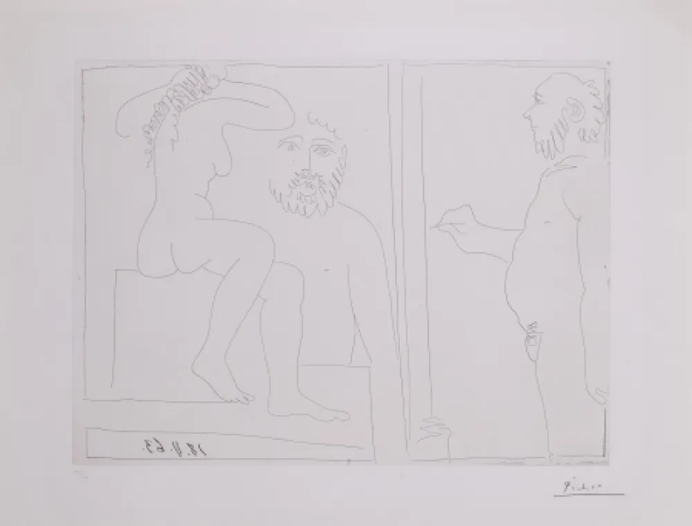 Etching Picasso - Peintre et modele de dos, avec un spectateur