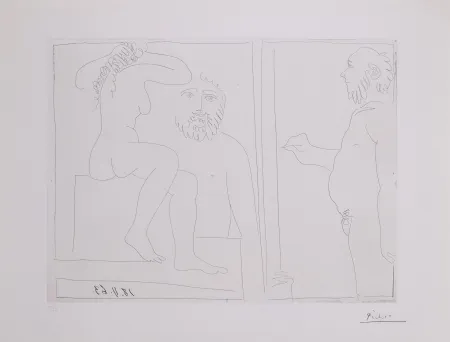 Etching Picasso - Peintre et modele de dos, avec un spectateur