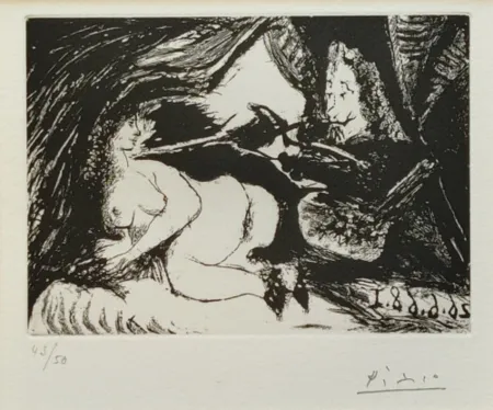 Aquatint Picasso - Peintre peignant la nuque de son jeune modele