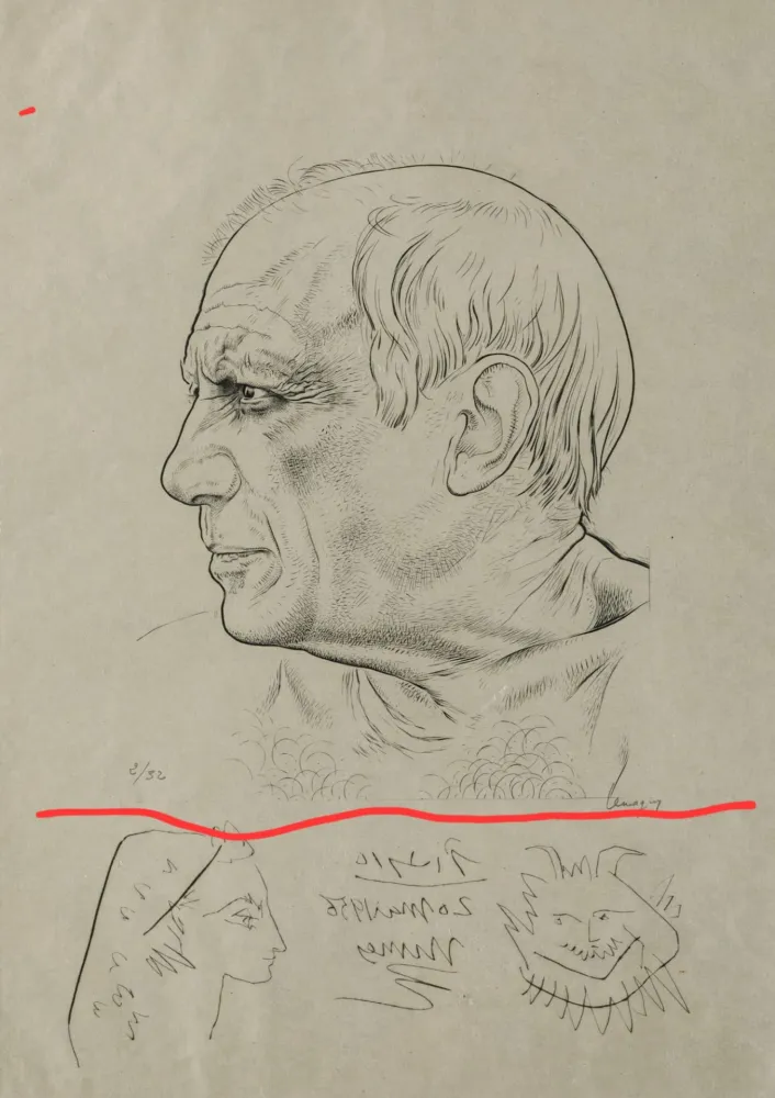 Etching Picasso - Portrait of Pablo Picasso with Remarques for Témoignage, 1956