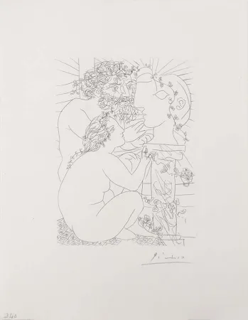 Etching Picasso - Sculpteur Avec Son Modele, Sa Sculpture Et Un Bol D'Anemones (Sculptor with His Model, His Sculpture, and a Bowl of Anemones) from the Vollard Suite