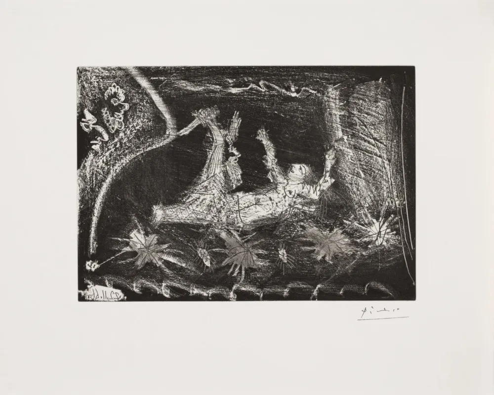 Etching And Aquatint Picasso - Sur la scène: viellard barbu s'apprêtant à poignarder une femme dans son lit