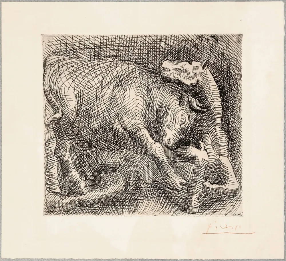 Engraving Picasso - TAUREAU ATTAQUANT UN CHEVAL. Eau-forte originale signée en rouge (1921)