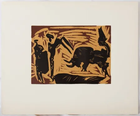 Linocut Picasso - Taureau chargeant (les banderilles)