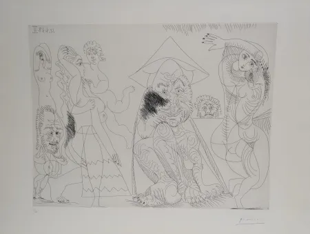 Engraving Picasso - Vieil homme au chapeau tonkinois songeant aux amours des vieux messieurs 