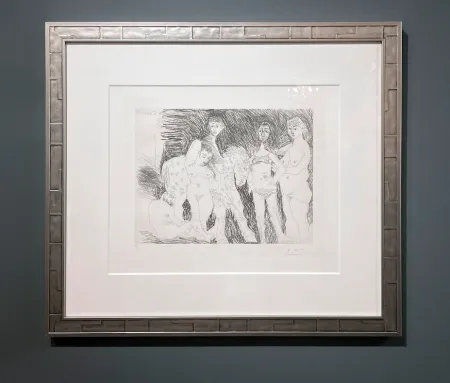 Etching Picasso - Vieil homme pensant à sa jeunesse: garcon sur un cheval de cirque et femmes, Plate 15 from: La Série 347 (Old man thinking of his youth: boy on a circus horse and women, Plate 15 from: Series 347)