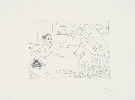 Engraving Picasso - ‚Vieux sculpteur avec femme, cheval luttant‘ La Suite Vollard