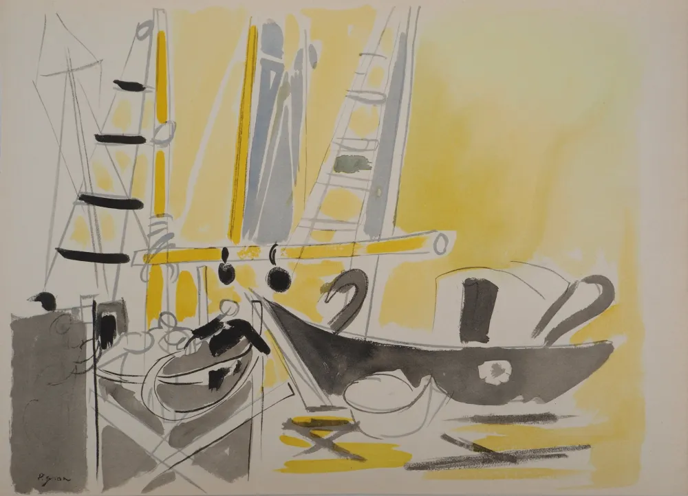 Lithograph Pignon - Belgique, bateaux à Ostende