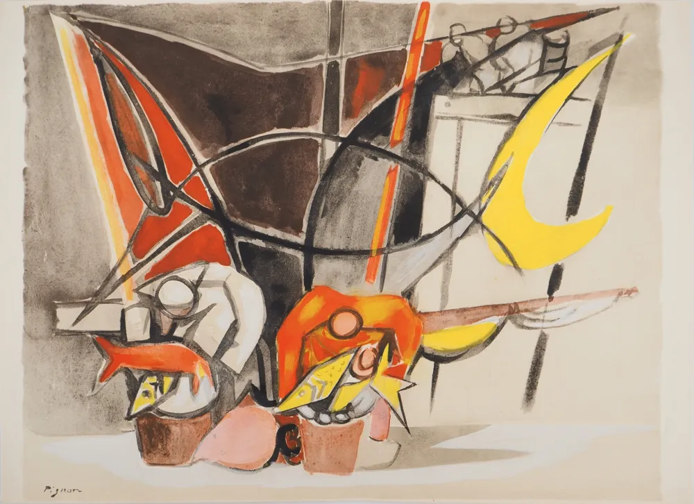 Lithograph Pignon - Belgique, le marché aux poissons d'Ostende (La minque d'Ostende)