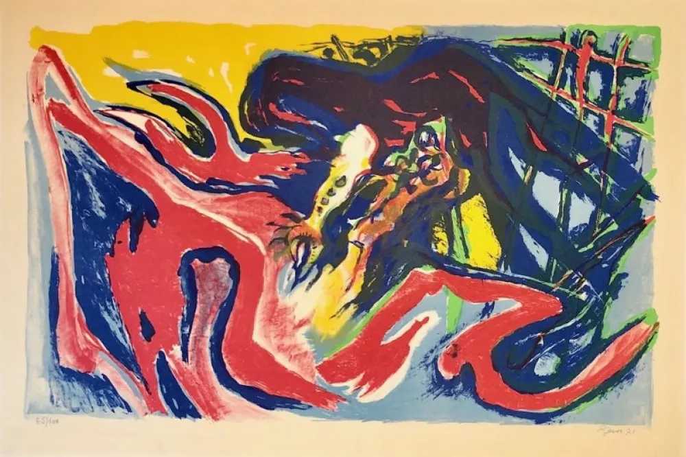 Lithograph Pignon - Grand combat de coqs