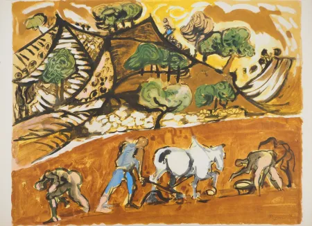 Lithograph Pignon - Le labour à cheval