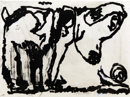 Aquatint Pincemin - Le chien et l’escargot. Épreuve rehaussée à la gouache (1990)