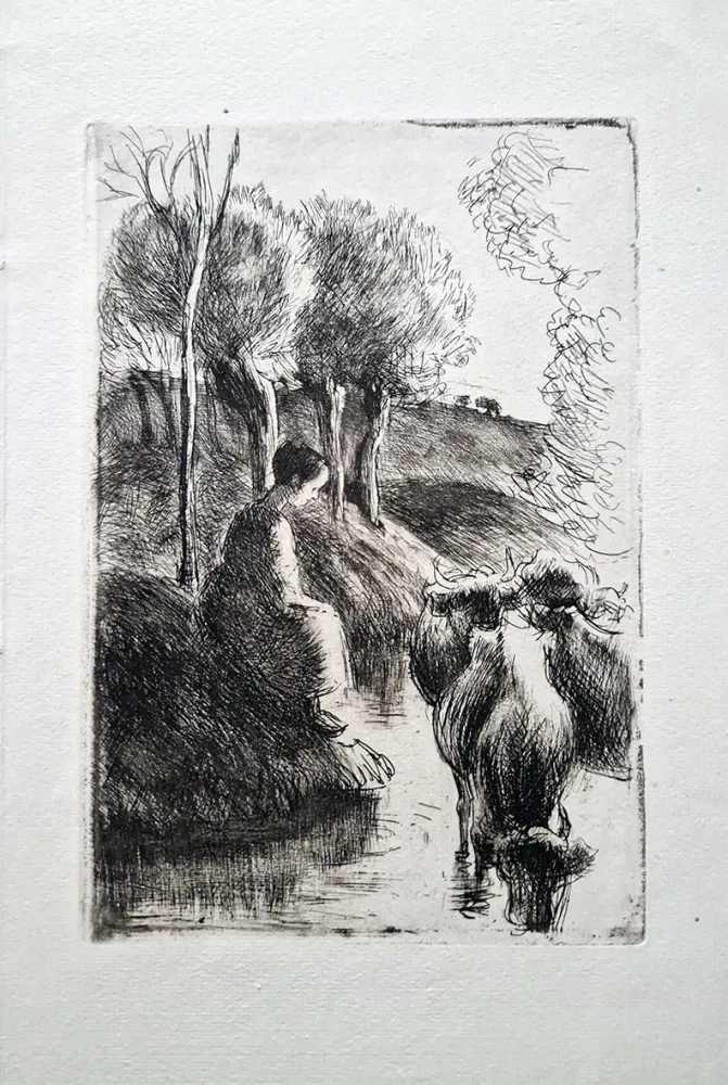 Engraving Pissarro - Vachère au bord de l'eau