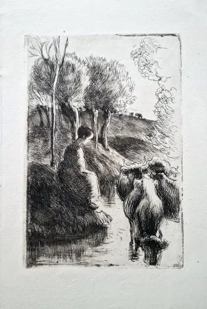 Engraving Pissarro - Vachère au bord de l'eau