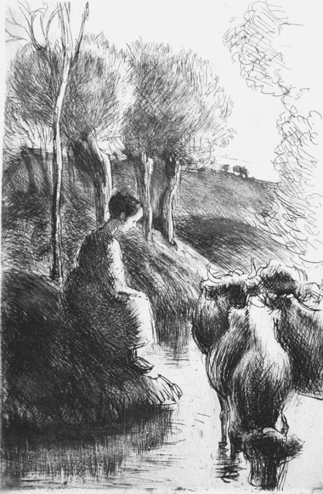 Engraving Pissarro - Vachère au bord de l'eau