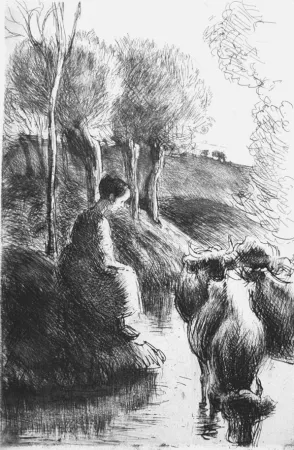 Engraving Pissarro - Vachère au bord de l'eau