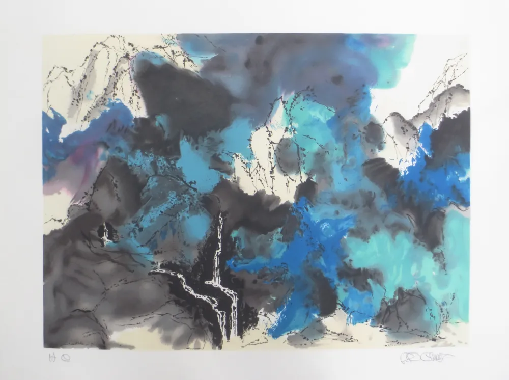 Lithograph Po Chung - Mountain and stream in mist