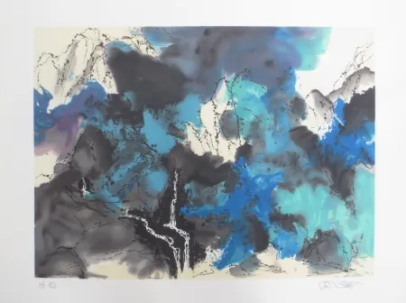 Lithograph Po Chung - Mountain and stream in mist