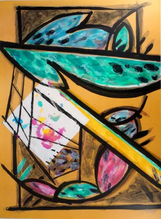 Lithograph Poli - Perruches dans le jardin