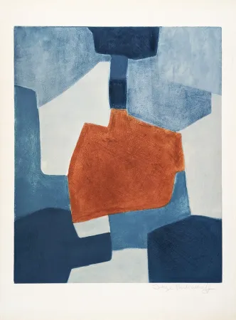 Etching And Aquatint Poliakoff - Composition bleue et rouge XXXI 