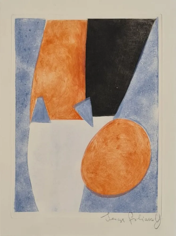 Etching And Aquatint Poliakoff - Composition bleue, grise et rouge 