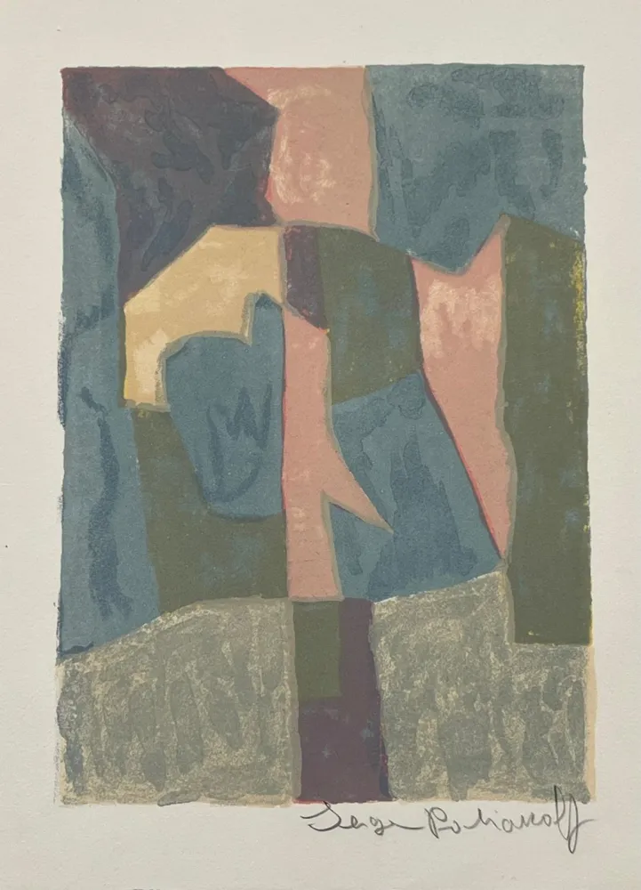 Lithograph Poliakoff - Composition bleue, rose et grise L30 