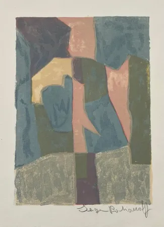 Lithograph Poliakoff - Composition bleue, rose et grise L30 