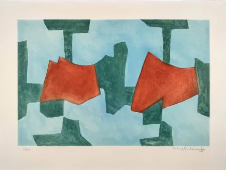 Aquatint Poliakoff - Composition bleue, verte et rouge XXXIV 