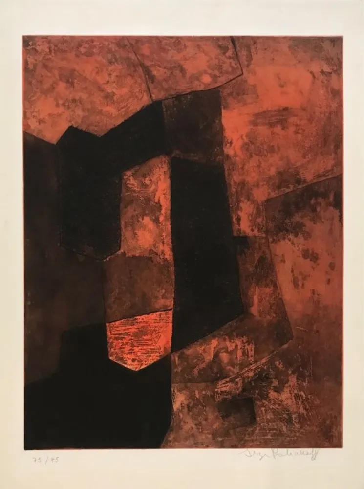 Aquatint Poliakoff - Composition Brune et Rouge XV 
