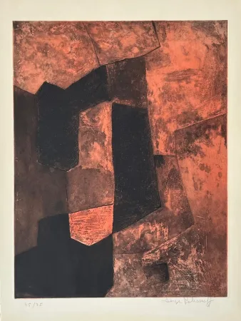 Etching And Aquatint Poliakoff - Composition Brune et Rouge XV 