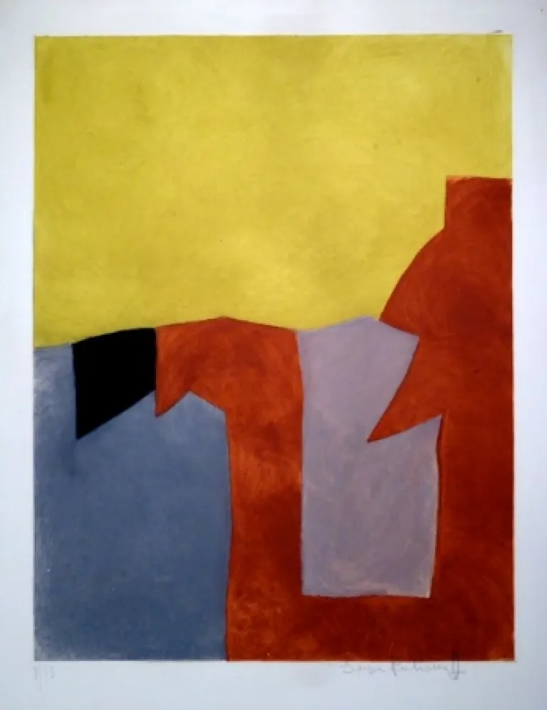 Etching And Aquatint Poliakoff - Composition grise, brune et jaune / Komposition in Grau, Braun und Gelb