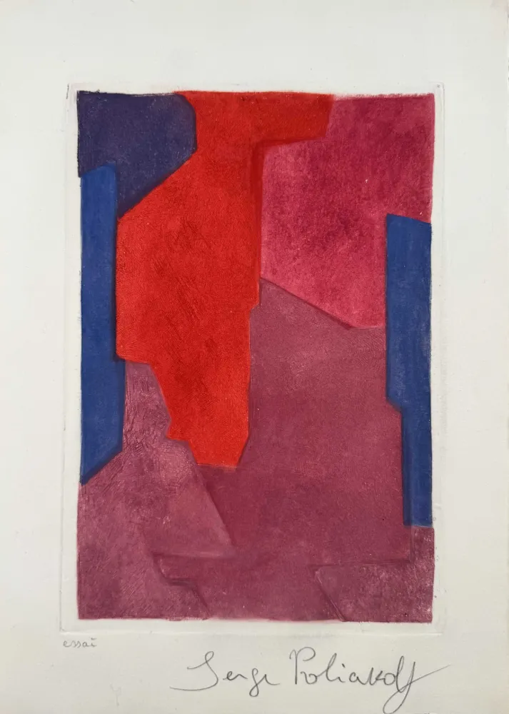 Etching And Aquatint Poliakoff - Composition mauve, bleue et rouge XXI 