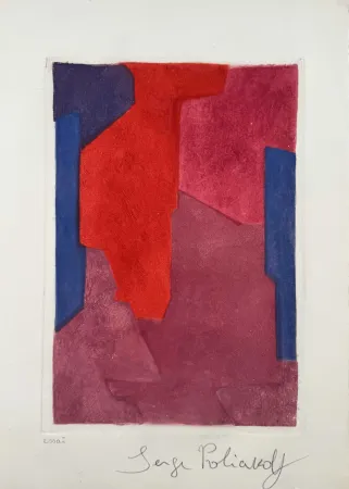 Etching And Aquatint Poliakoff - Composition mauve, bleue et rouge XXI 