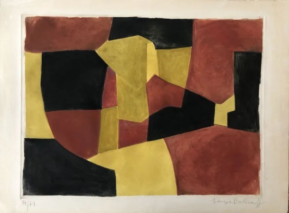 Etching And Aquatint Poliakoff - Composition Noire, Jaune et Brune X