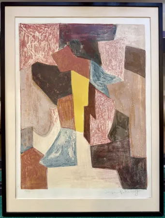 Lithograph Poliakoff - Composition rouge, carmin et jaune, 1958