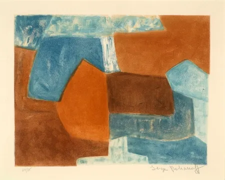 Etching And Aquatint Poliakoff - COMPOSITION ROUGE ET BLEU XXXVI 
