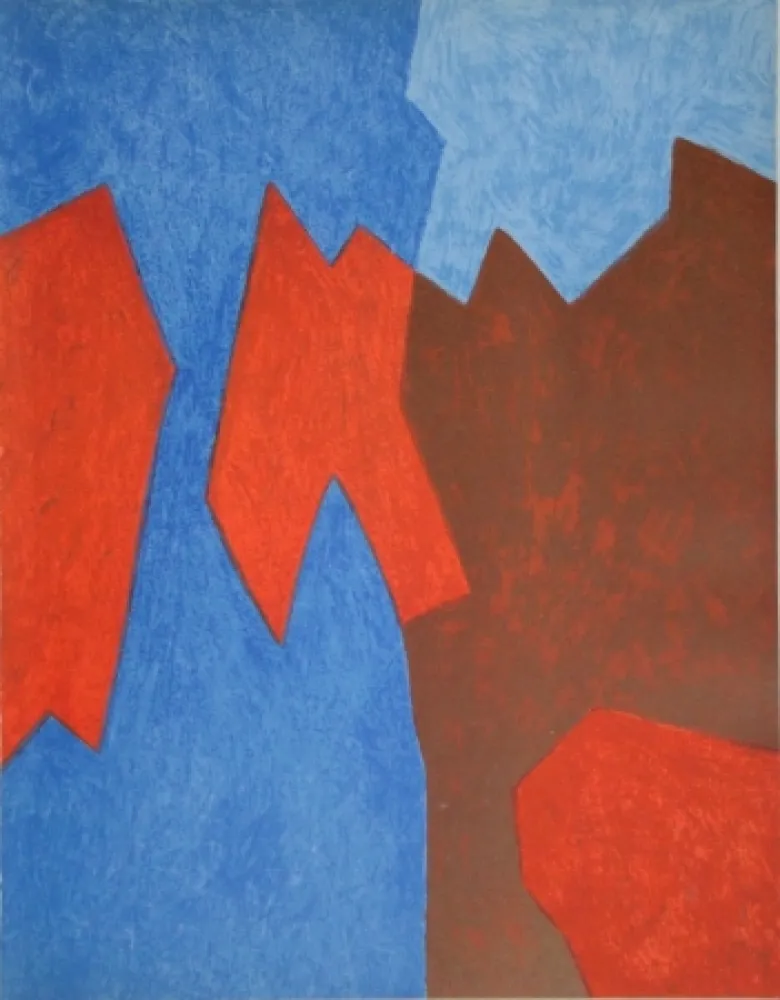 Lithograph Poliakoff - Composition rouge et bleue