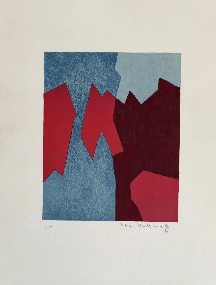 Lithograph Poliakoff - Composition rouge et bleue L68 