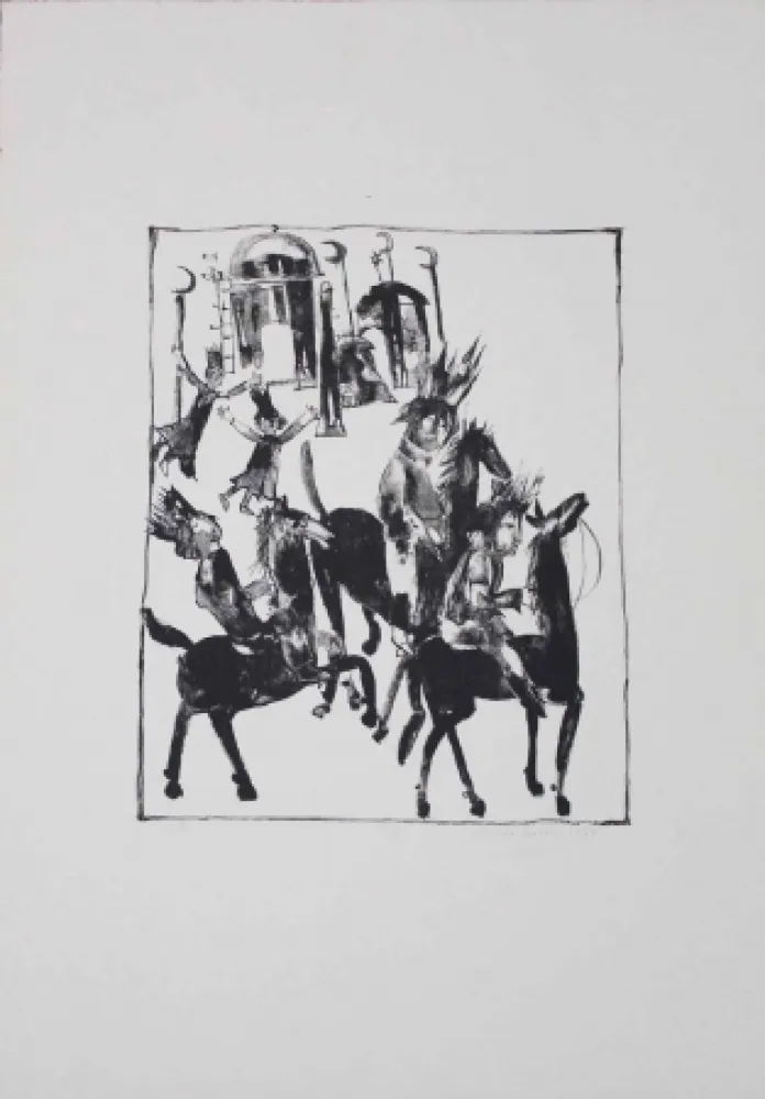 Lithograph Pyroth - Adschîb, Gharîb und Kâsim machen sich auf den Weg