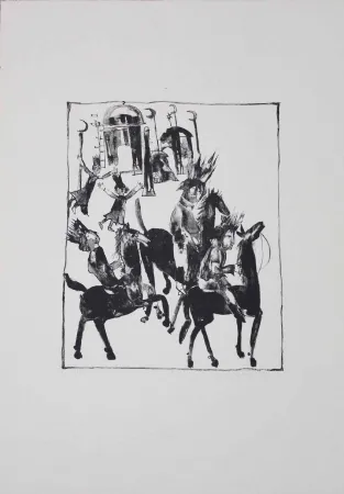 Lithograph Pyroth - Adschîb, Gharîb und Kâsim machen sich auf den Weg