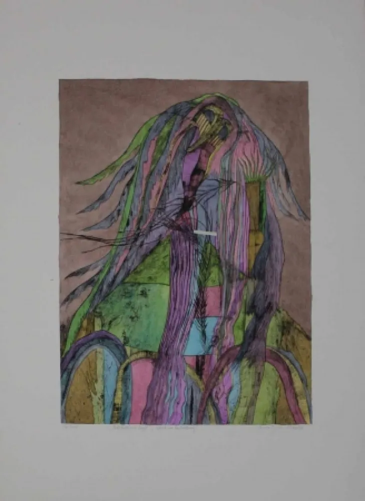 Drypoint Pyroth - Pelzhaus mit Engel.  Schutz vor Bedrohung