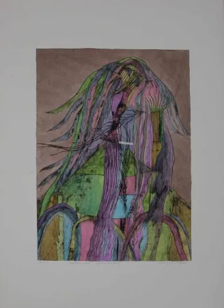 Drypoint Pyroth - Pelzhaus mit Engel.  Schutz vor Bedrohung