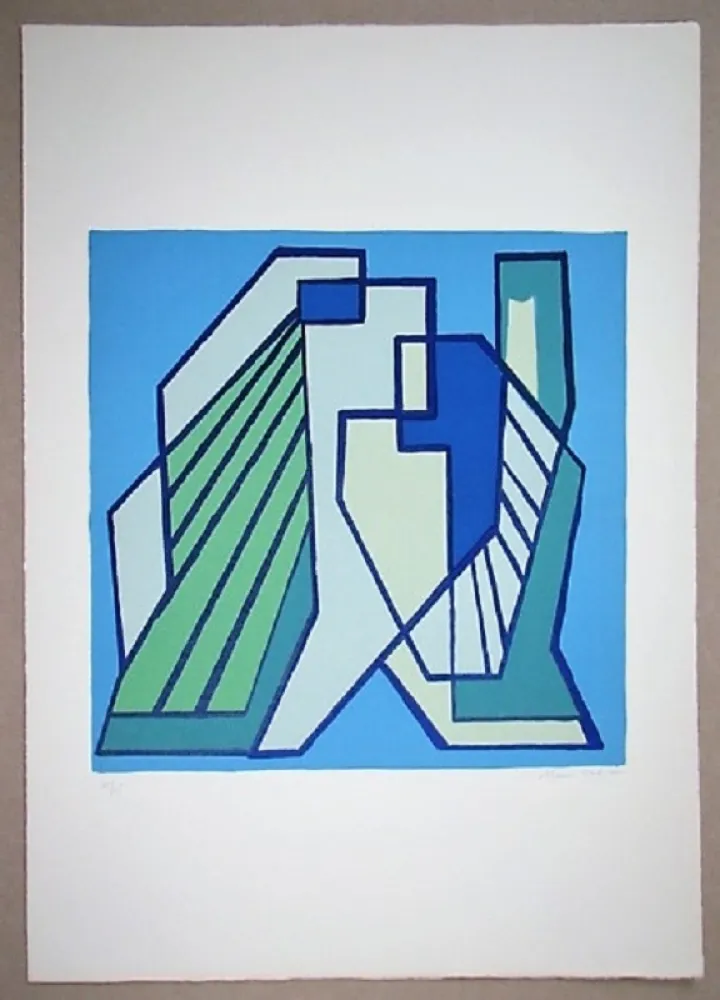 Lithograph Radice - Compositione astratta blu verde