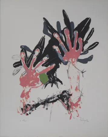 Lithograph Rebeyrolle - Les Mains : Corbeau saisi en vol